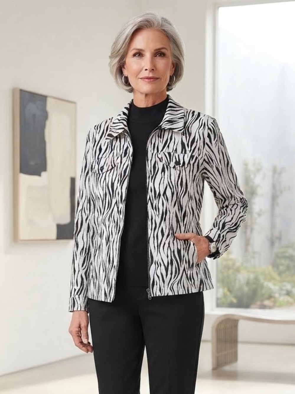 Take 50% OFF- Alfred Dunner White and Black Zebra-Print Jean Jacket, Size-16